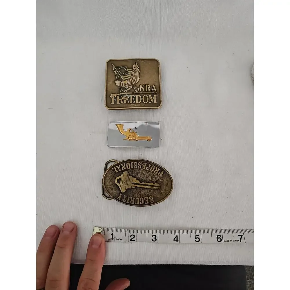 Lot of 3 vintage brass belt buckles NRA Freedom Cowboy‎ Six Shooter Security